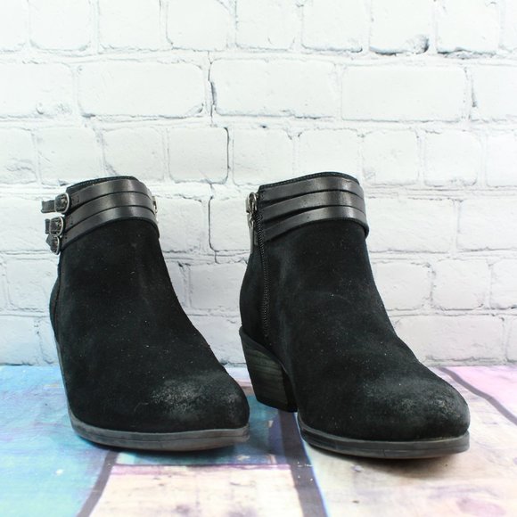 Clarks Black Shine Suede Strappy Side Zipper Ankle Heeled Booties 9.5 M - Picture 3 of 9